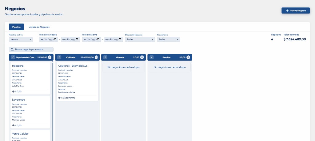 Vista Kanban del pipeline de ventas en Donly